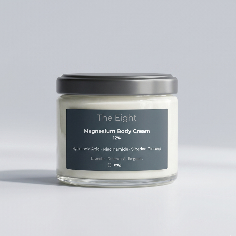 Jar of magnesium body cream labeled 'The Eight' on a light gray background