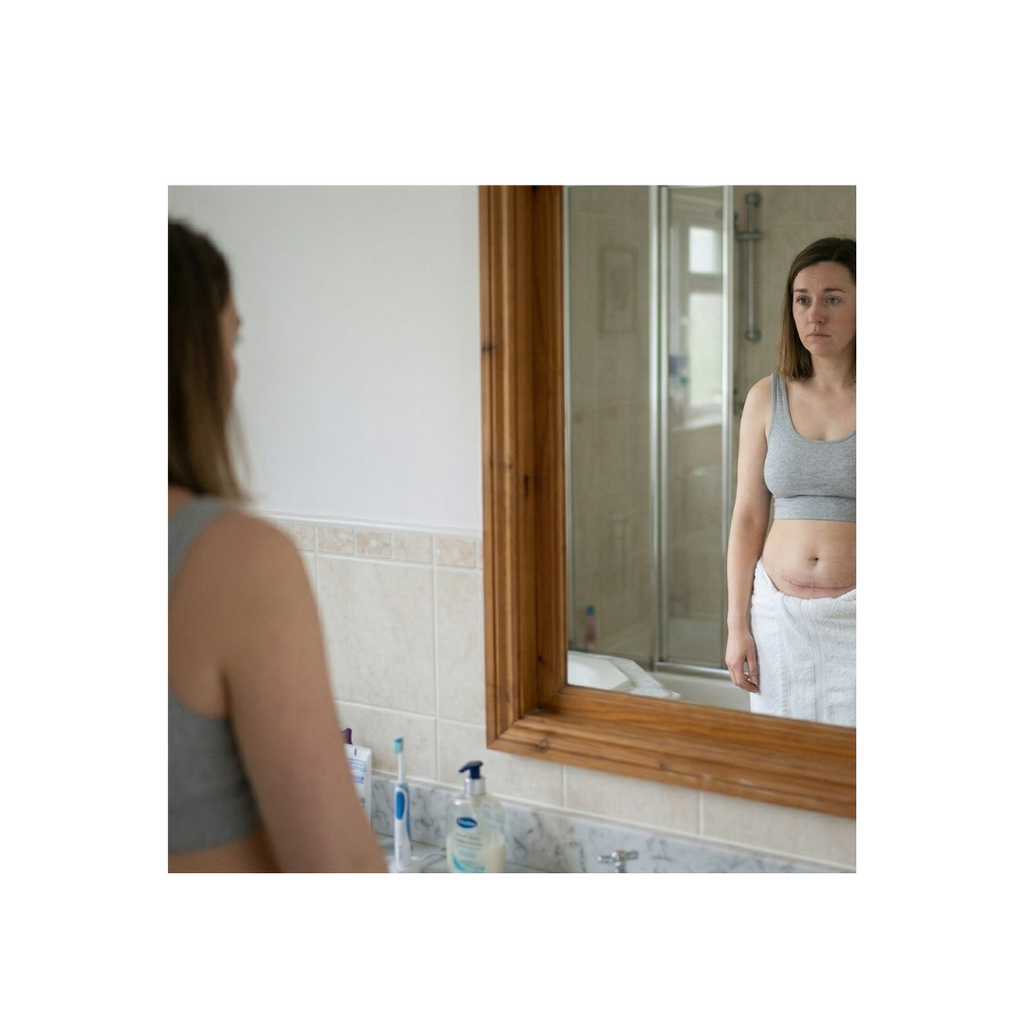 Woman looking at herself in a bathroom mirror, wearing a gray tank top and white pants.