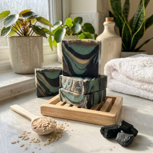 Stack of natural soap bars on a wooden tray with plants and towel in the background