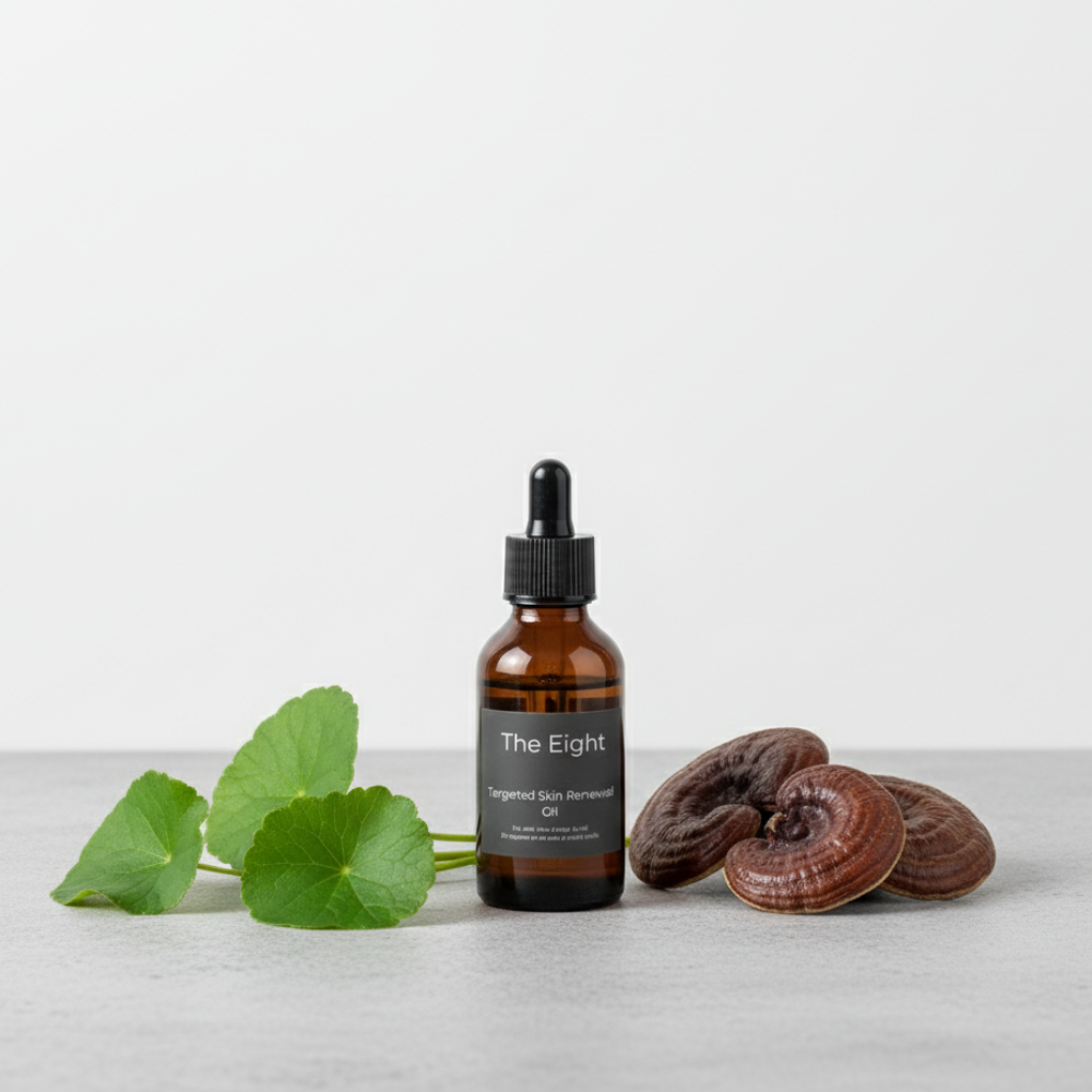 Bottle of 'The Eight' product with leaves and mushrooms on a light background