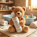 Teddy bear holding a bottle labeled 'The Eight Mother & Baby' in a bathroom setting with toys and towels.