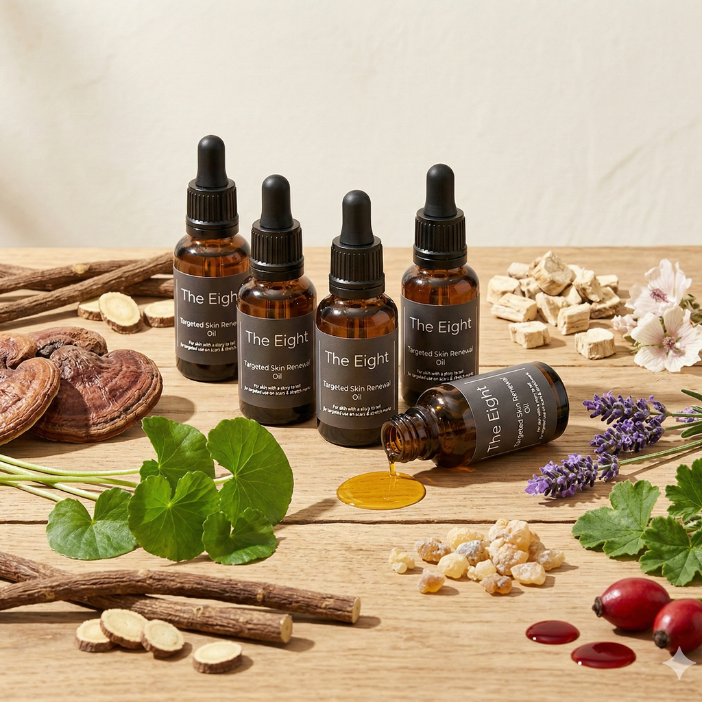 Bottles of 'The Eight' skincare product on a wooden surface with natural ingredients.