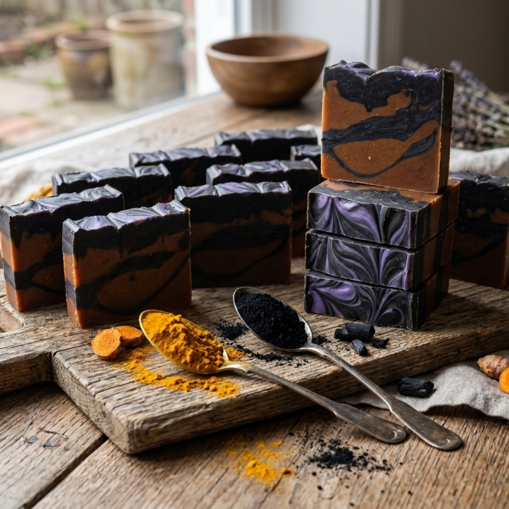 Handmade soap bars with natural ingredients on a wooden surface