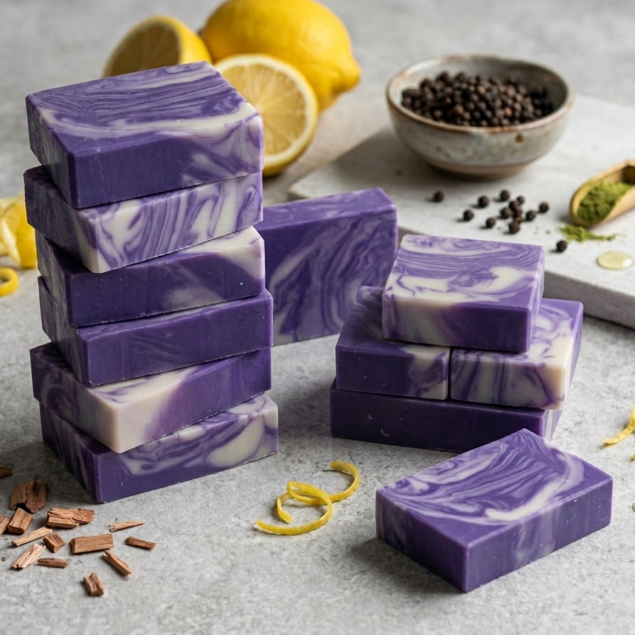 Purple and white swirled soap bars on a gray surface with lemons and peppercorns.